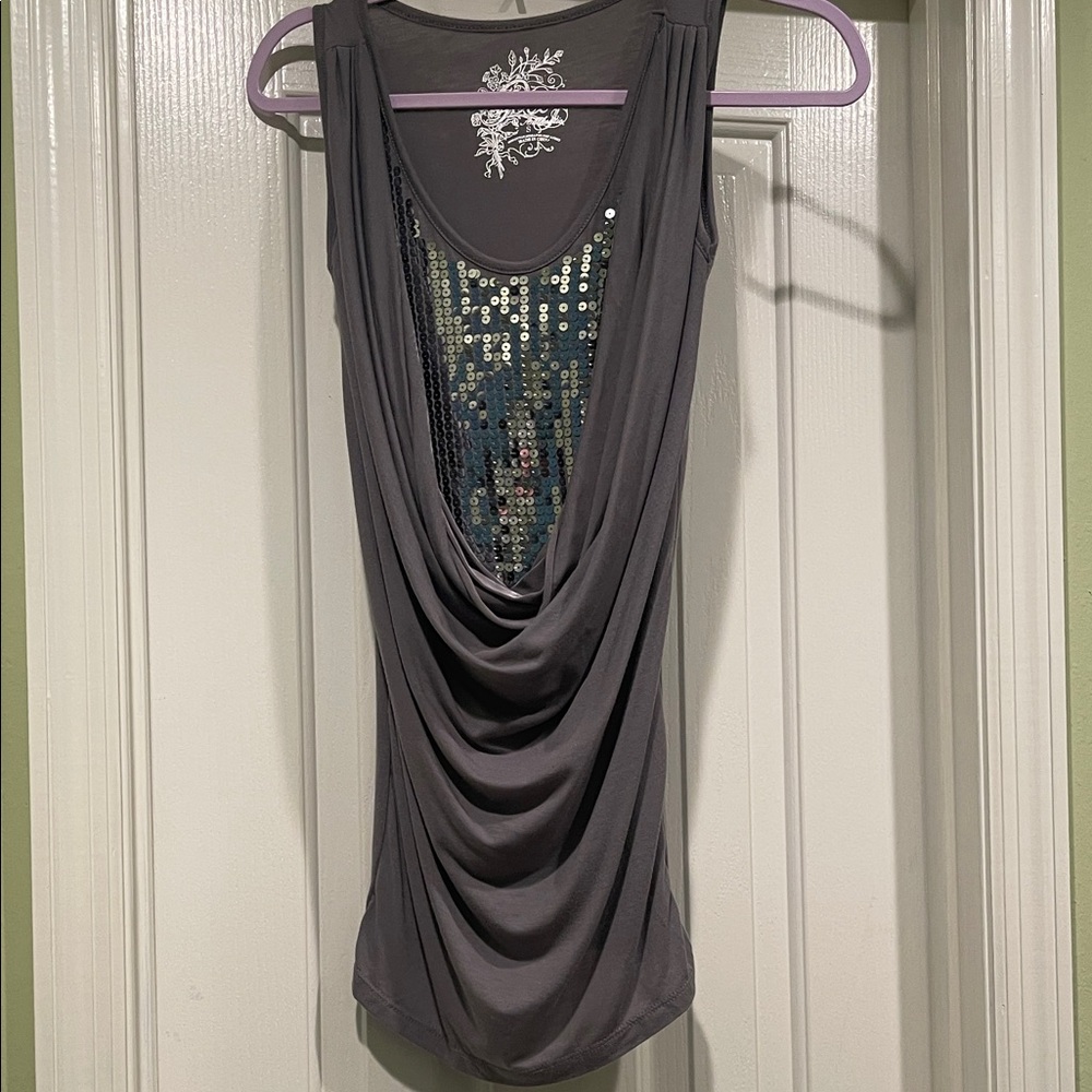 Elegant Gray Sequin Drape Top